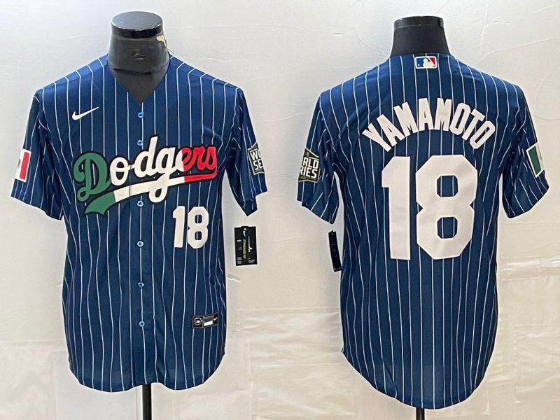 Men Los Angeles Dodgers #18 Yamamoto Blue stripe Nike Game MLB Jersey style 6